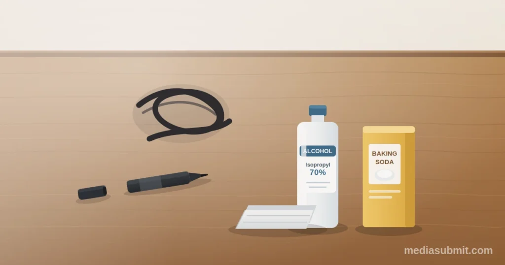 Permanent marker stain on a wooden table beside rubbing alcohol, baking soda, toothpaste and a soft cloth used to remove it