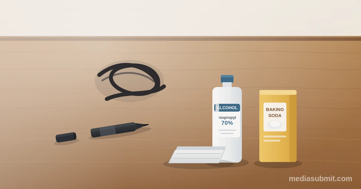 Permanent marker stain on a wooden table beside rubbing alcohol, baking soda, toothpaste and a soft cloth used to remove it